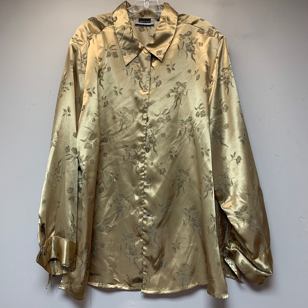 Maggie Barnes Button Down Women 26W Gold Excellent Floral Satin Jacquard Blouse
